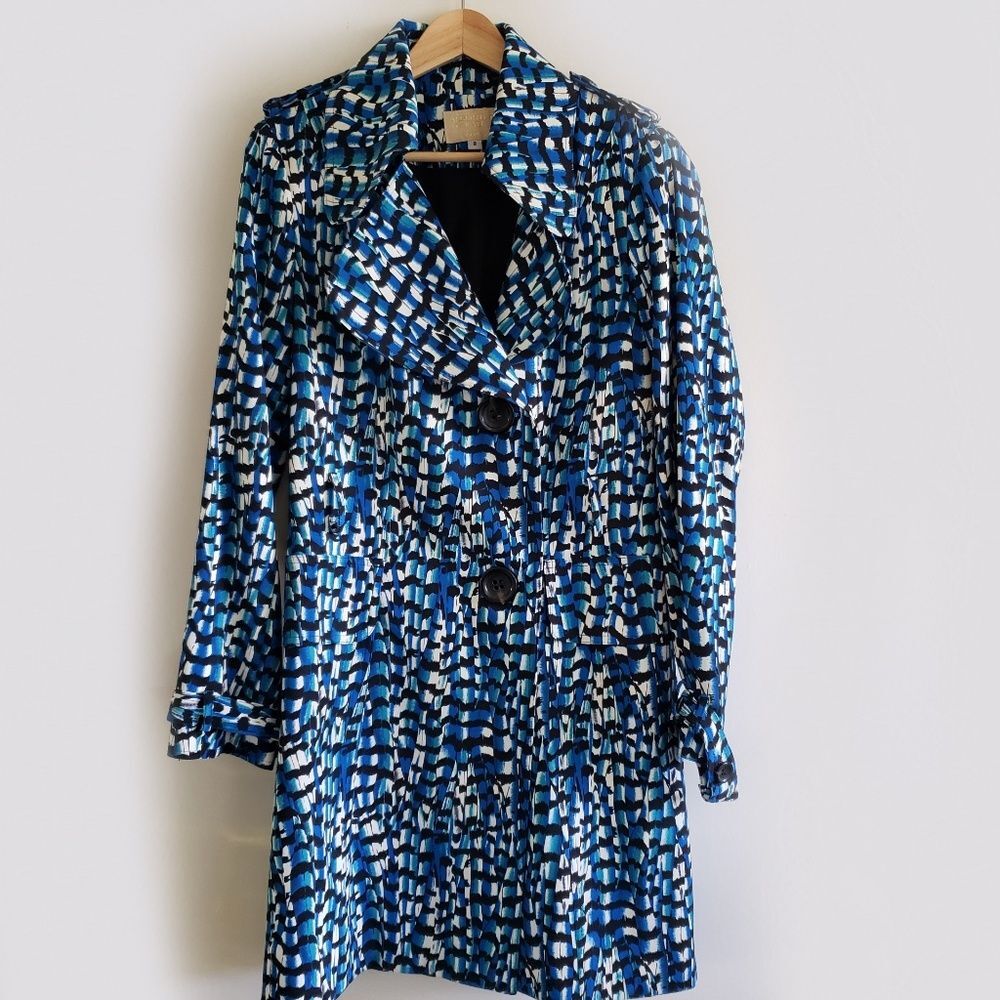 Alberto Makali New York Blue Black White Pattern Print Coat Size 8